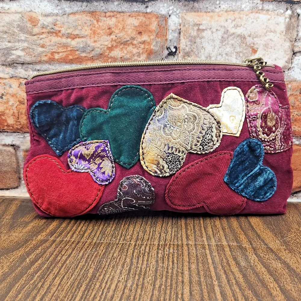 Lucky Brand Burgundy Velvet Heart Clutch Purse Peace Charm Boho Patchwork Zip